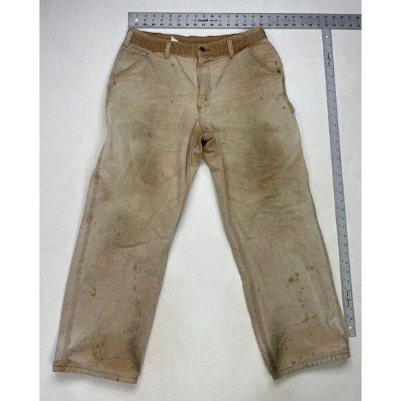 VINTAGE Carhartt Duck Canvas Carpenter Pants Men 32 X 28 Beige Tag Size 34 x 30 - Picture 9 of 10